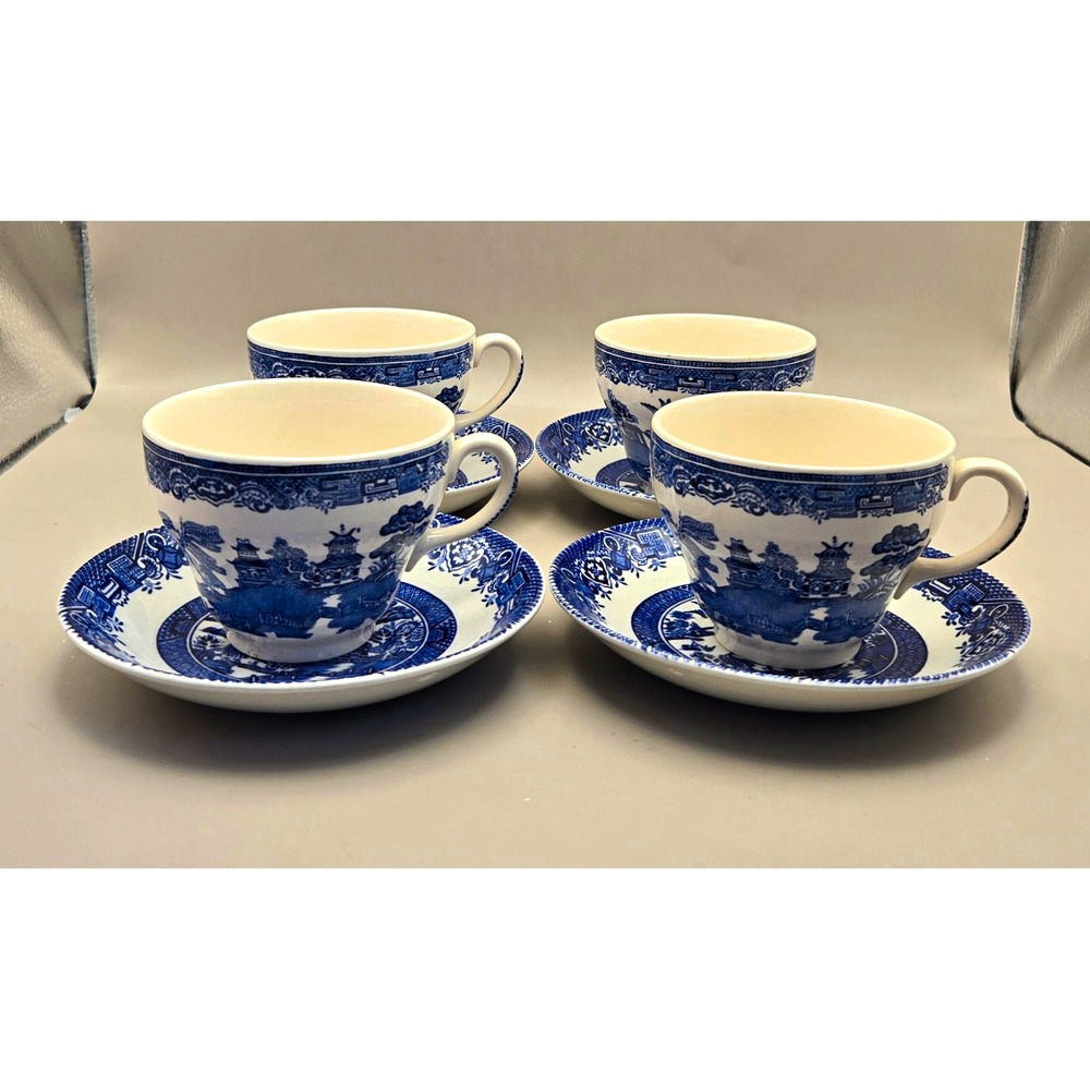 Vintage Tea Cups & Saucers Set of 4 (8-Pc) "Old Willow" Johnson Bros. Engl. B#37